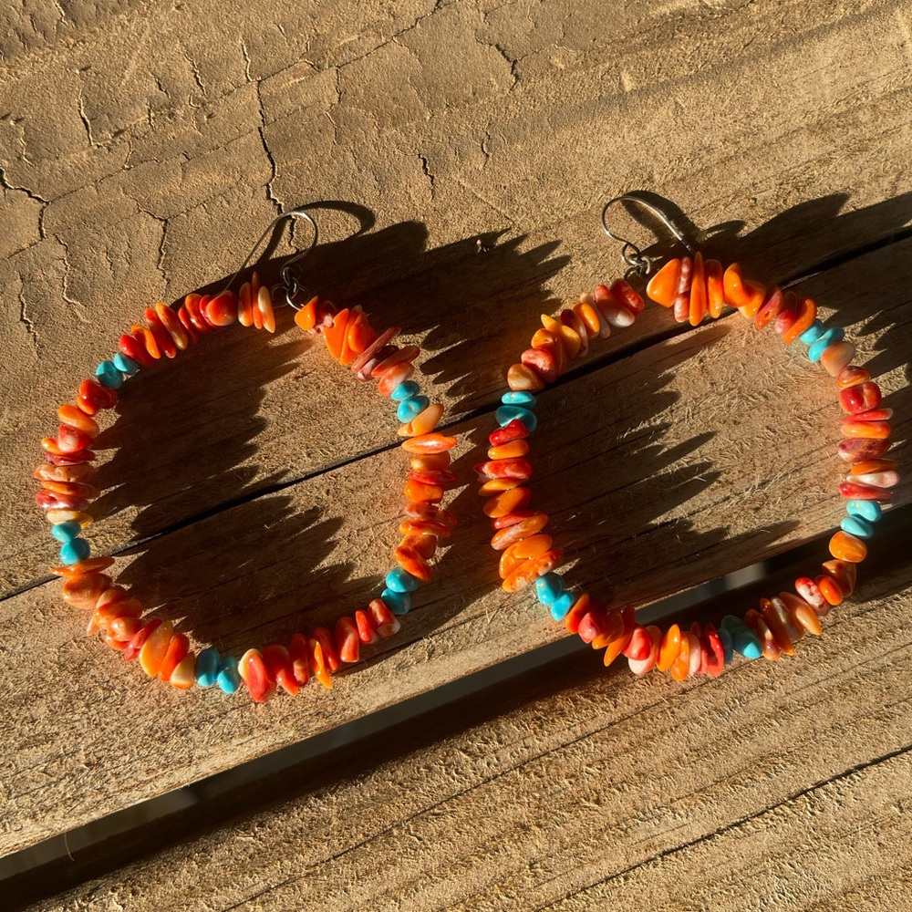 Coral & turquoise stone Large hoop earrings